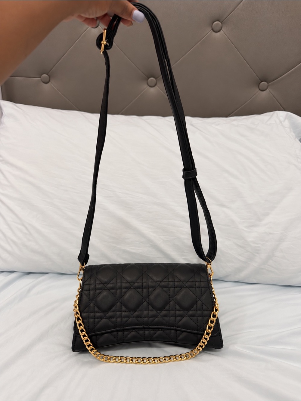 Fashion Nova Black Quilted Shoulder Bag with Gold Chain Accent